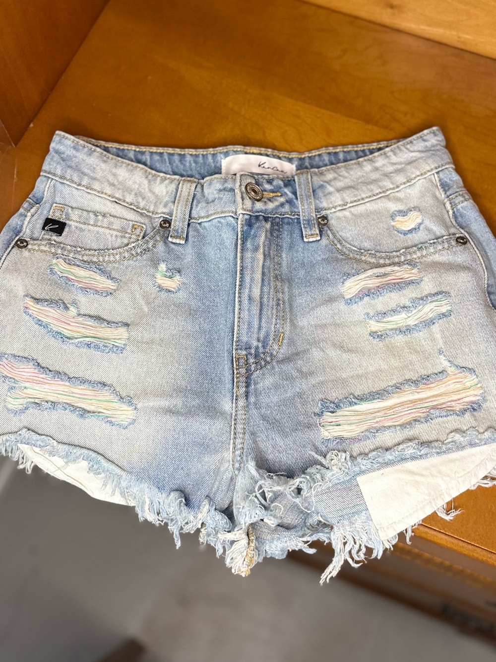 KanCan Light Blue Distressed Denim Shorts with Rainbow Stitching